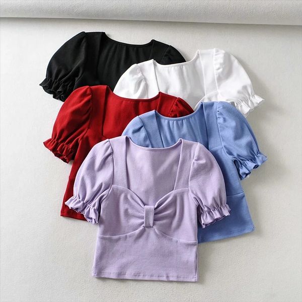 chic bubble sleeve short women's 2020 summer ins super fire solid color chest wrapped t-shirt, White